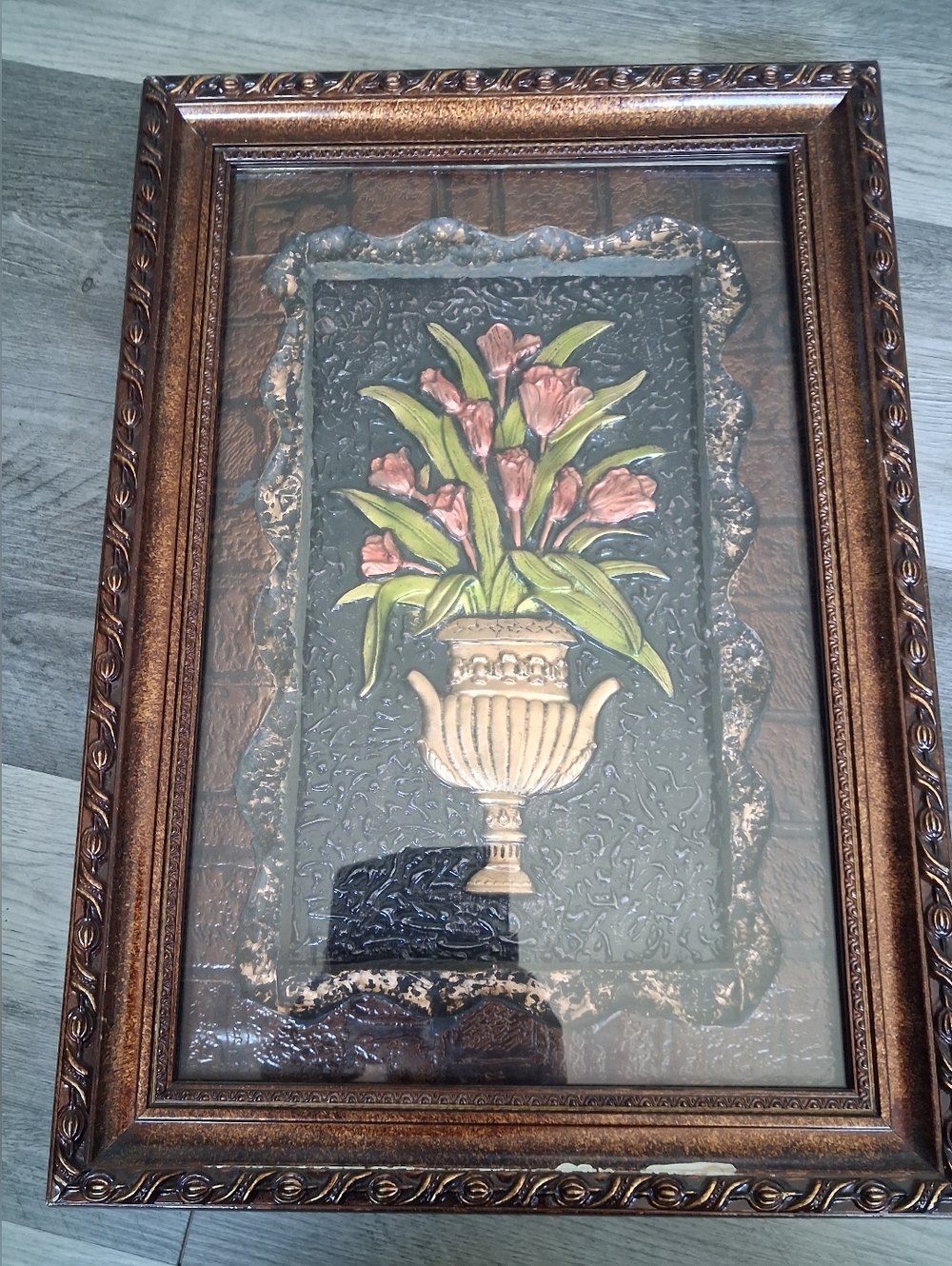 Framed Floral Relief Art with Pink Tulips and Gold Urn